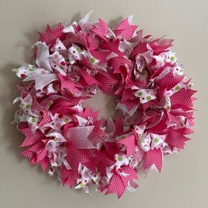 HANDMADE WREATH PINK POLKA DOT WHITE GREEN ROUND 16 inches NEW PASTEL CHIC